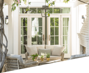 Double swinging fiberglass garden doors leading to backyard terrace